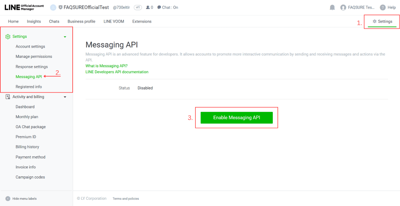 Enable Messaging API screen in LINE Official Account Manager