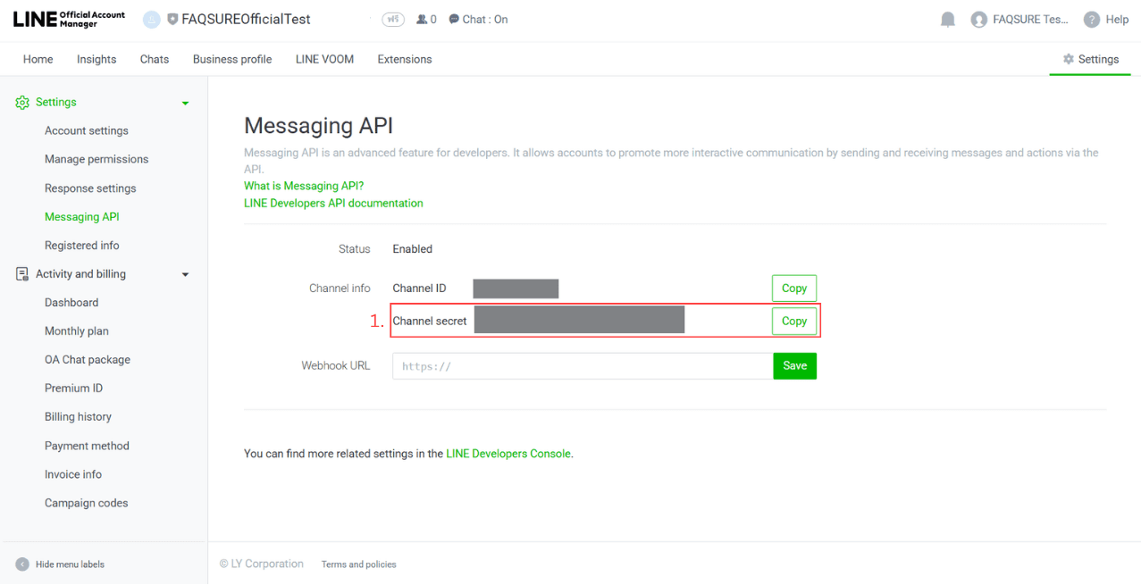 Channel Secret location in LINE Official Account settings