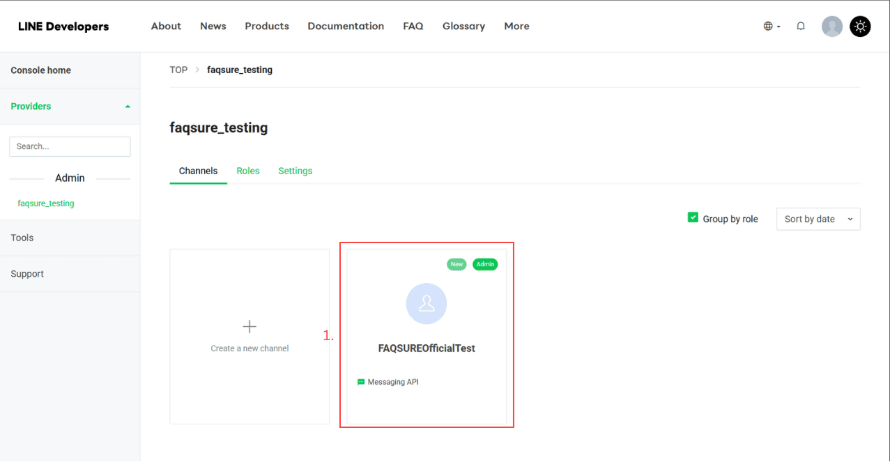 LINE Developers Console - selecting provider and channel