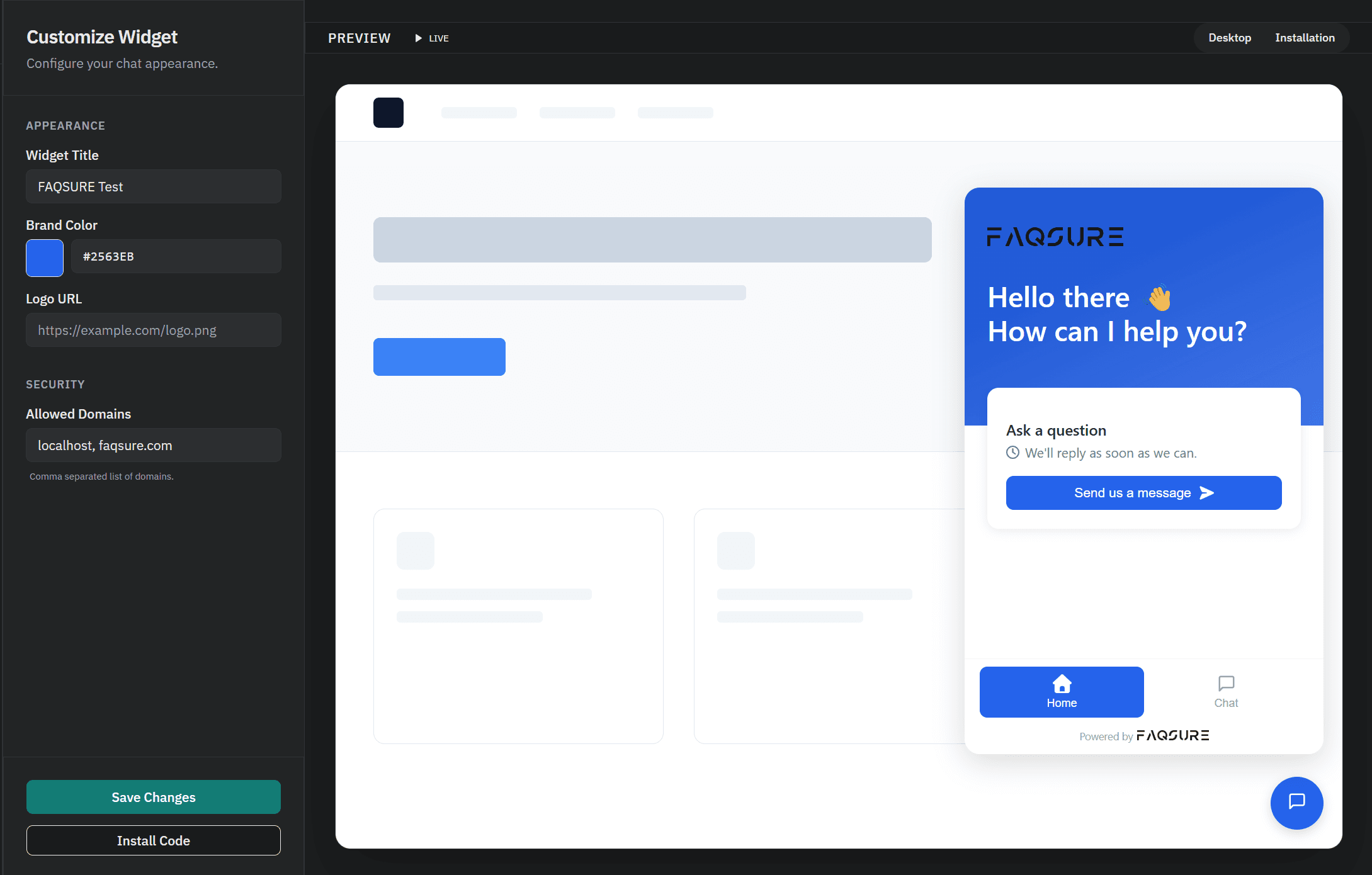 FAQSure Chat Widget configuration